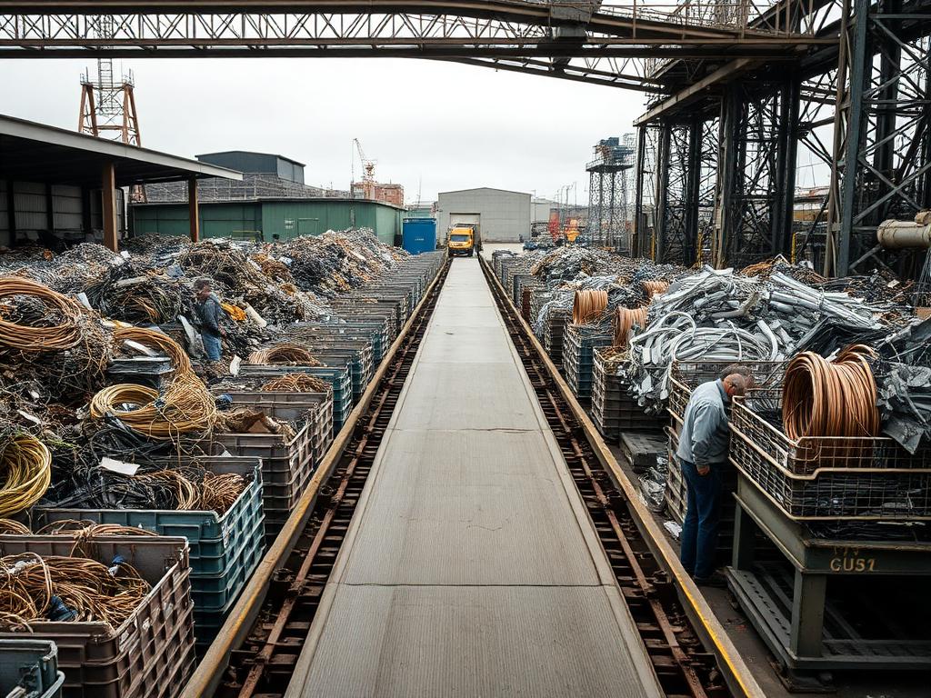 Sorting bays with separated bins of copper wire, brass and aluminium