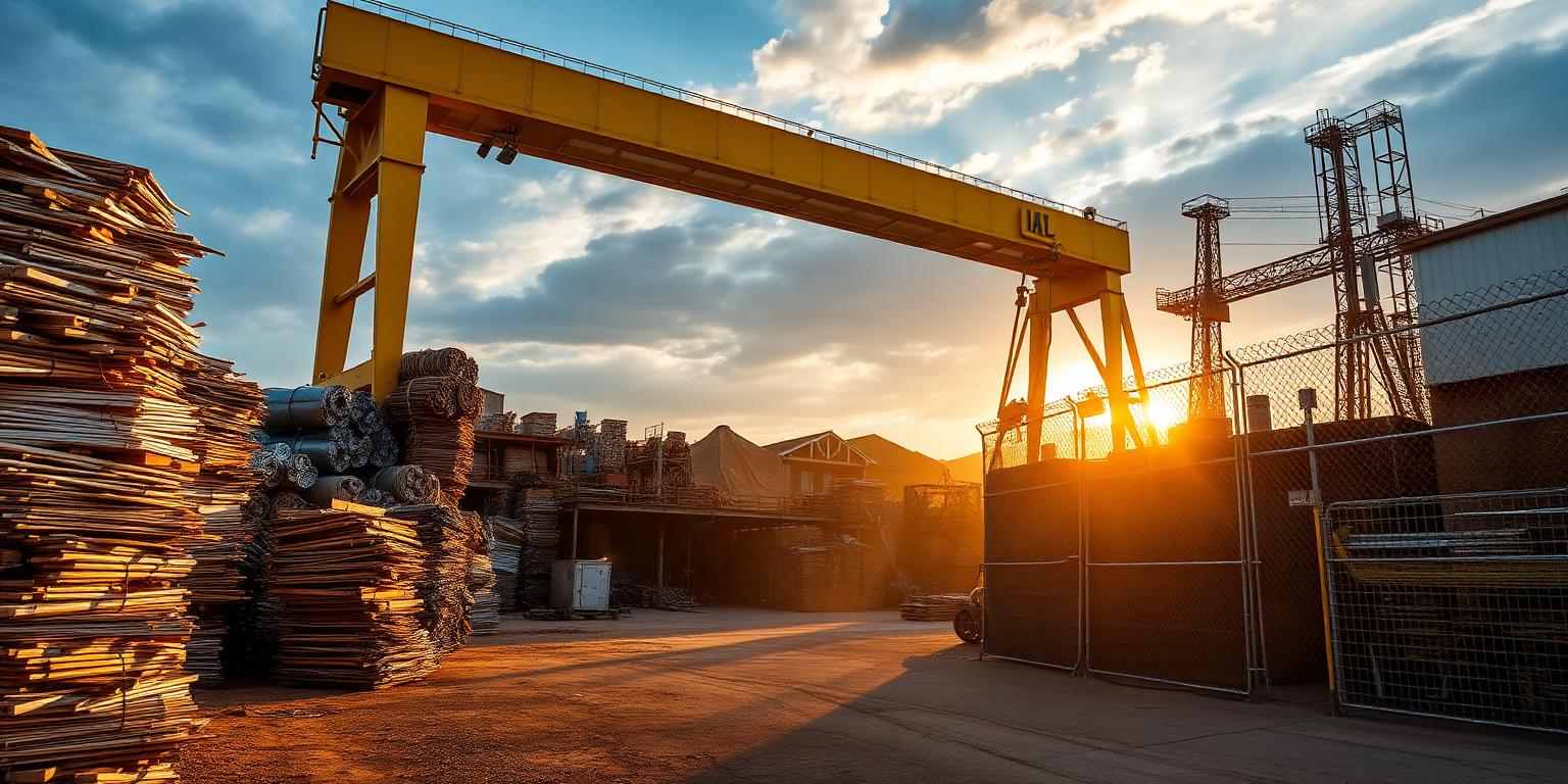 Redbank Metals yard at golden hour with baled copper and a material handler