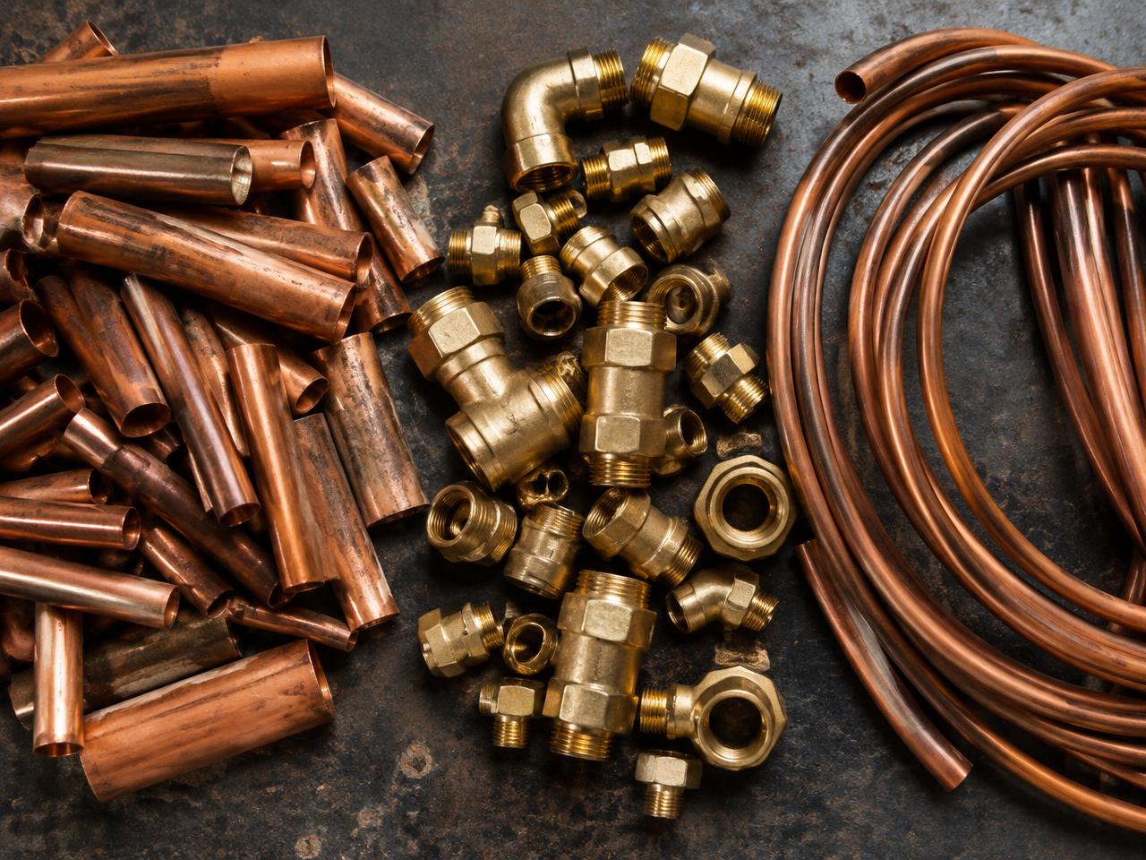 Copper pipe offcuts, brass fittings and copper tubing arranged for grade comparison